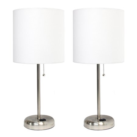 LIMELIGHTS Brushed Steel Stick Lamp with Charging Outlet Set, White, PK 2 LC2001-WHT-2PK